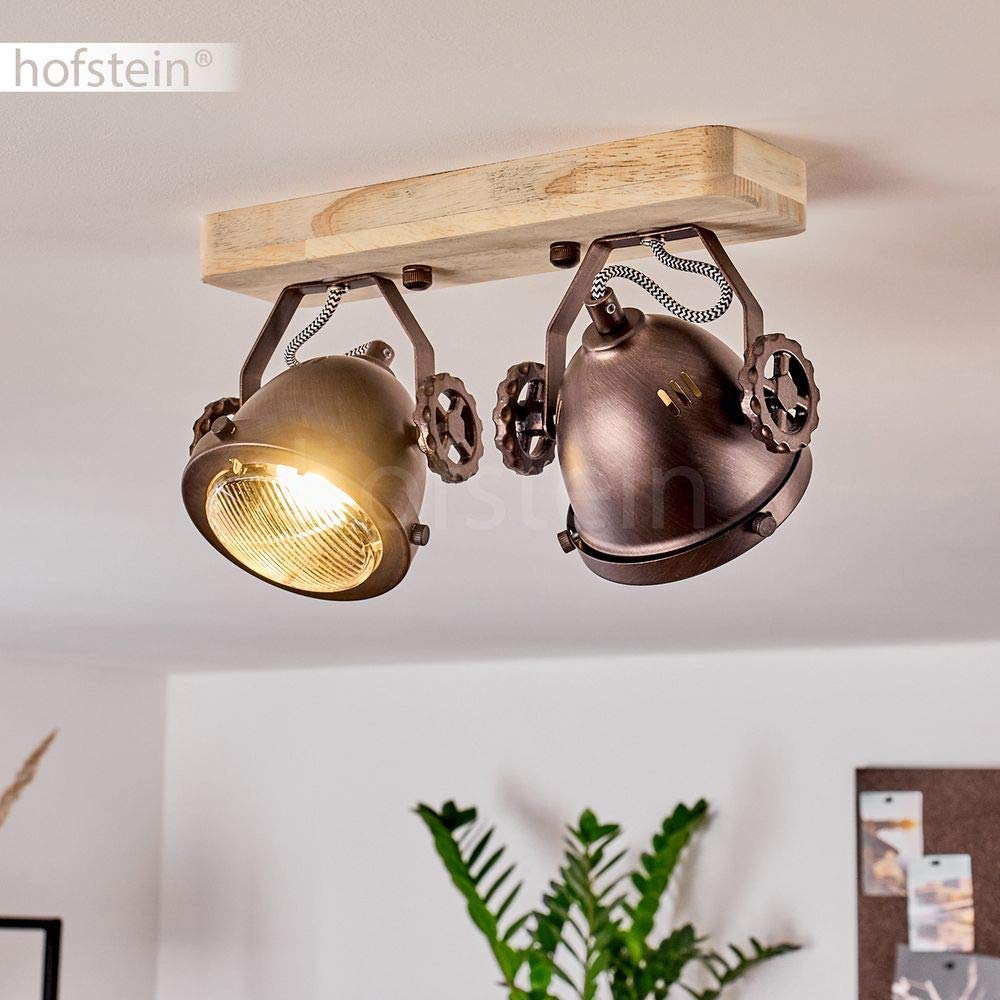 Lámpara de techo Herford, lámpara de techo regulable de metal/madera/cristal en marrón/cobre/naturaleza, 2 luces, 2 x casquillo GU10, foco orientable y abatible en diseño retro, sin bombilla(s)