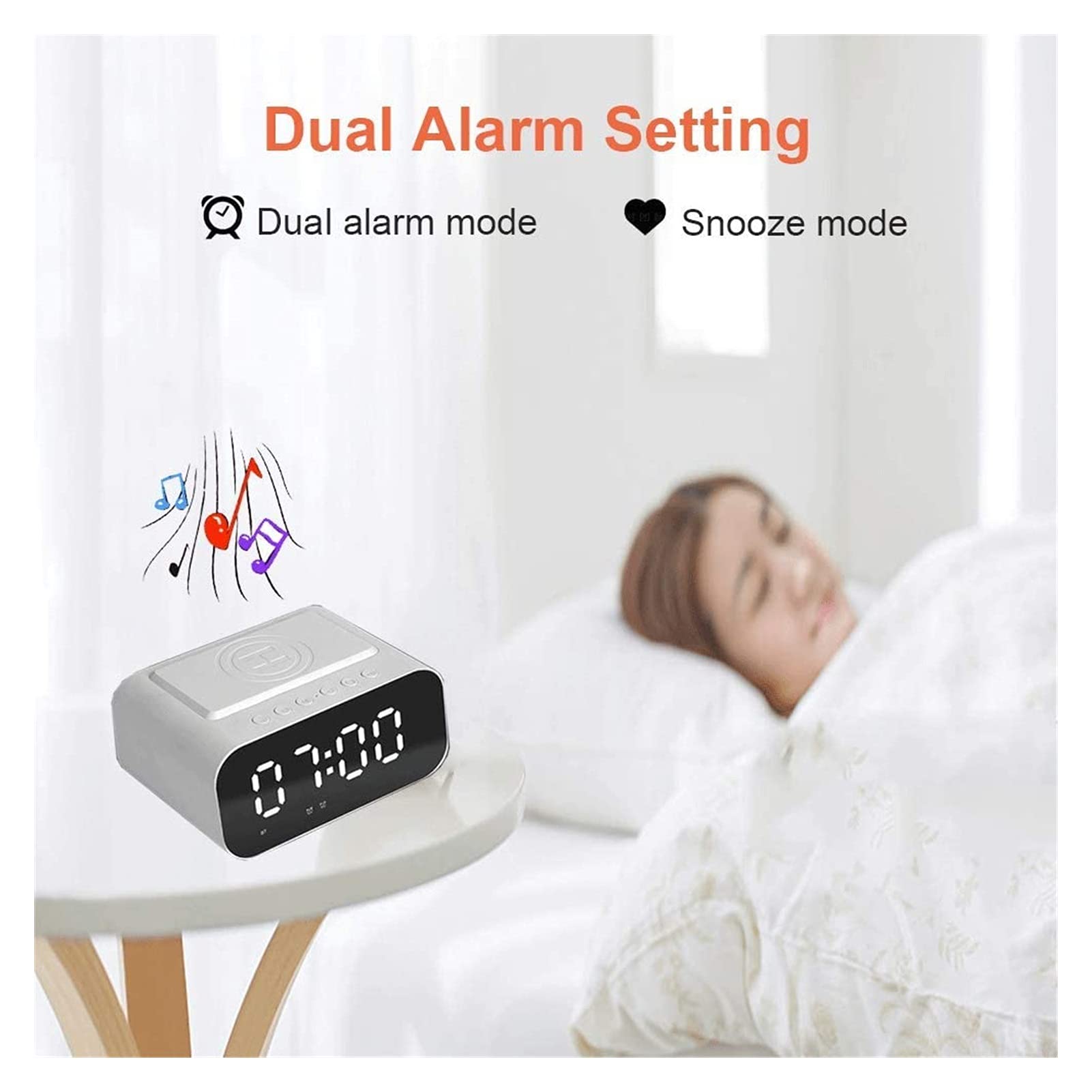 Reloj de alarma digital de carga inalámbrica, espejo DIRIGIÓ Exhibir con USB Puerto, altavoz FM Radio de reloj, Dual alarma, Llamada de manos libres para dormitorio en la cama del hotel (blanco)