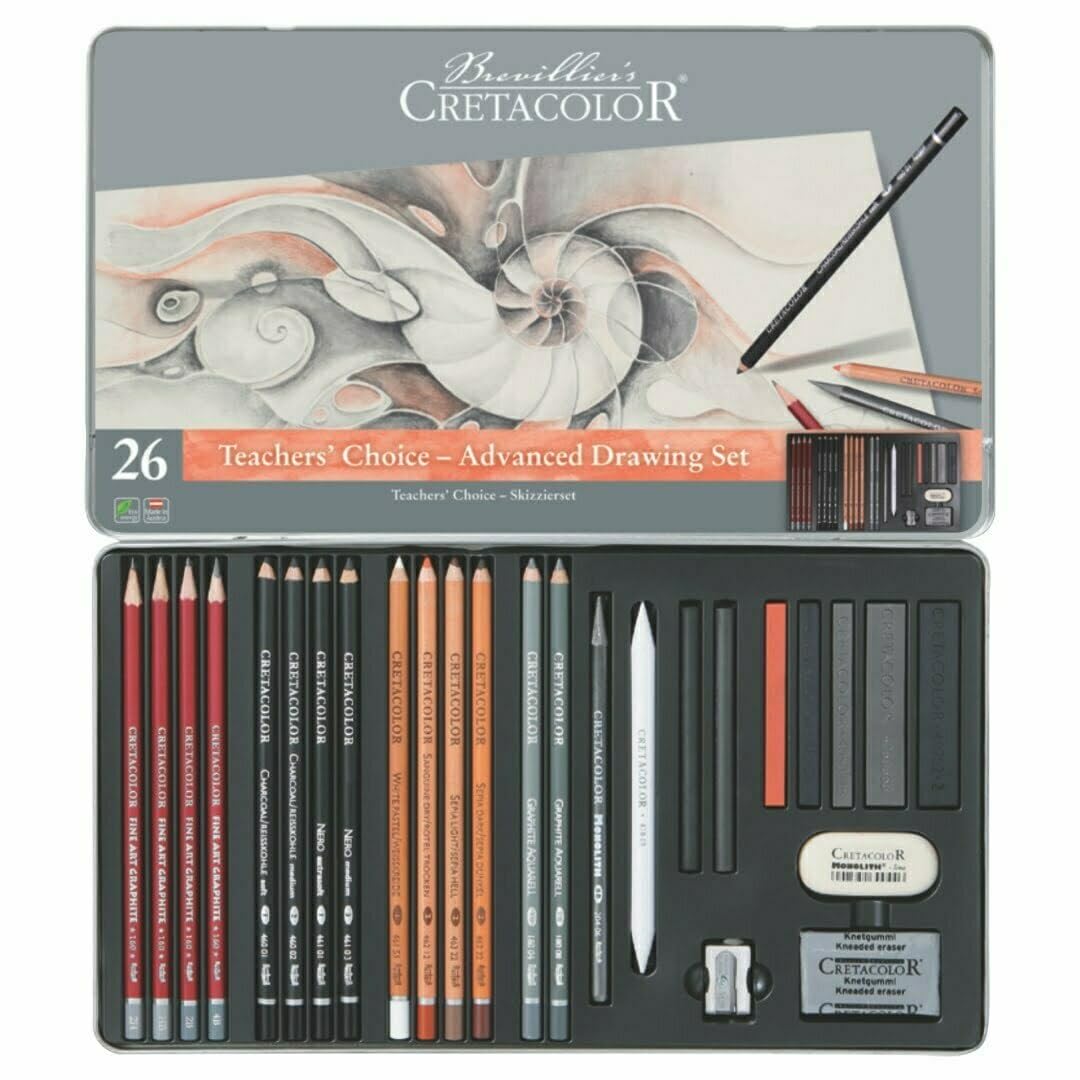 CRETACOLOR Teacher's Choice, Set de dibujo avanzado, set de dibujo para principiantes y profesionales, set de 27 piezas, set para artistas avanzados, incl. goma de borrar y sacapuntas