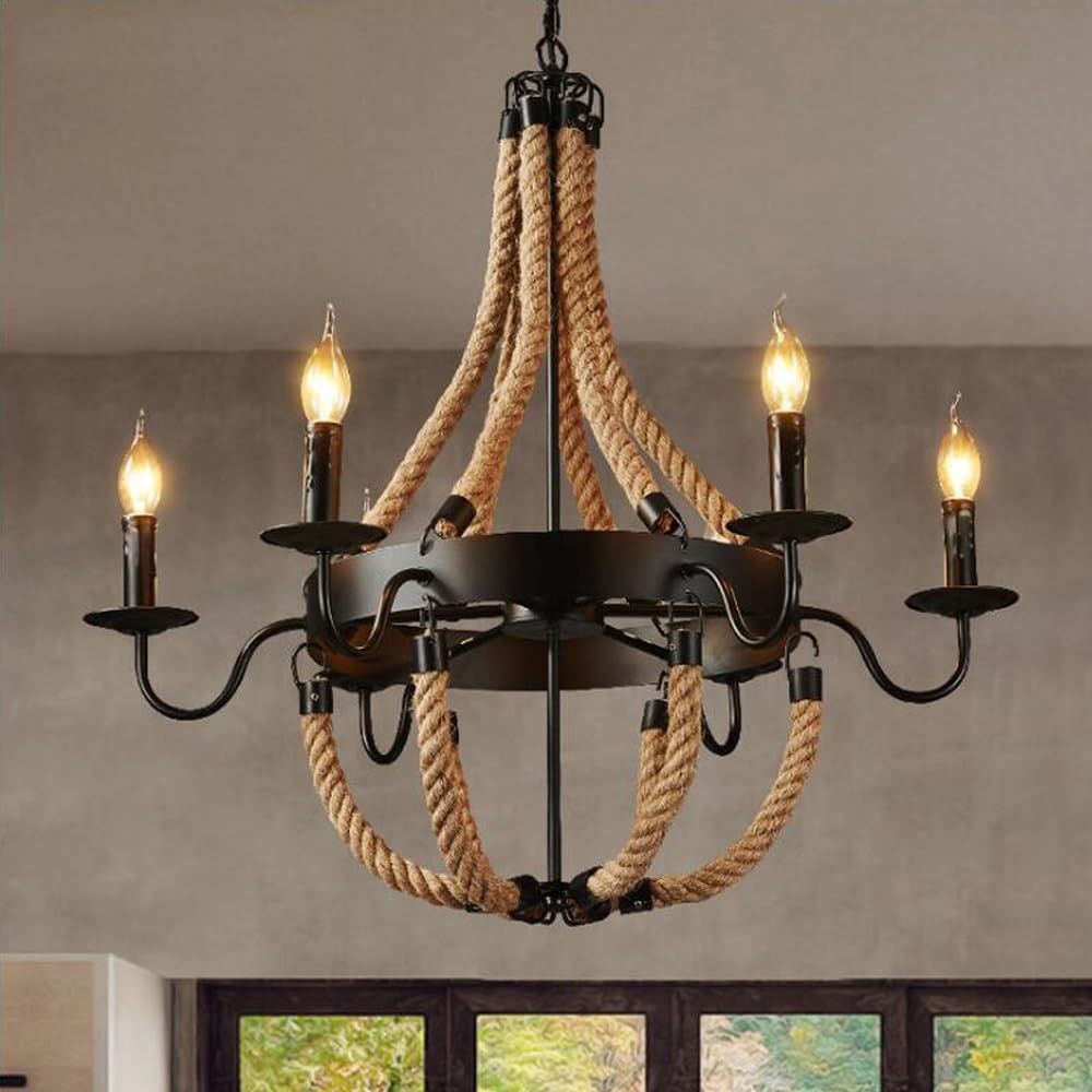 BLOOHK 8-Light Rustic Hemp Rope Chandelier, Industrial Iron Pendant Light, Retro E14 Hanging Ceiling Fixture for Dining Table, Kitchen, Farmhouse