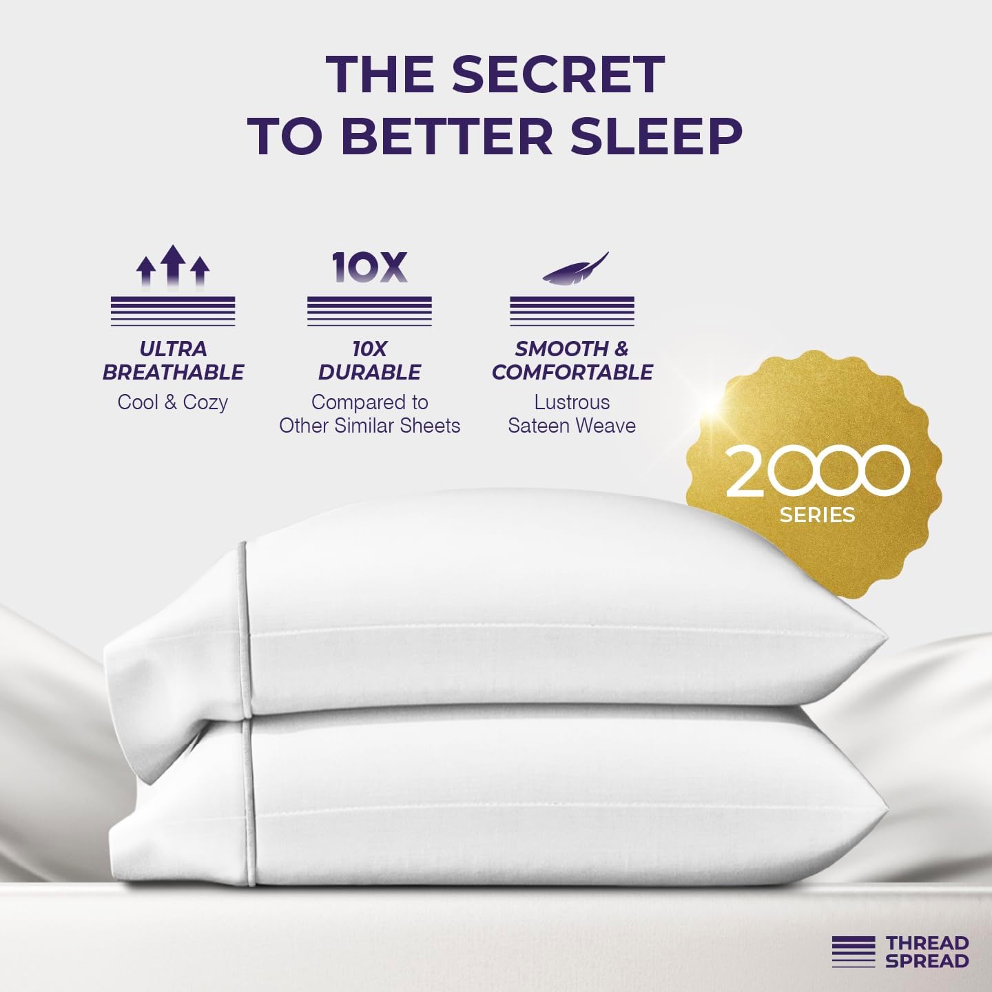 THREAD SPREAD 100% Egyptian Cotton Pillow Cases Queen Size Set of 2 - Luxury 2000 Series Queen Pillow Cases (21” x 32”, White), Soft Cooling Envelope Closure Hotel Quality Egyptian Cotton Pillowcases