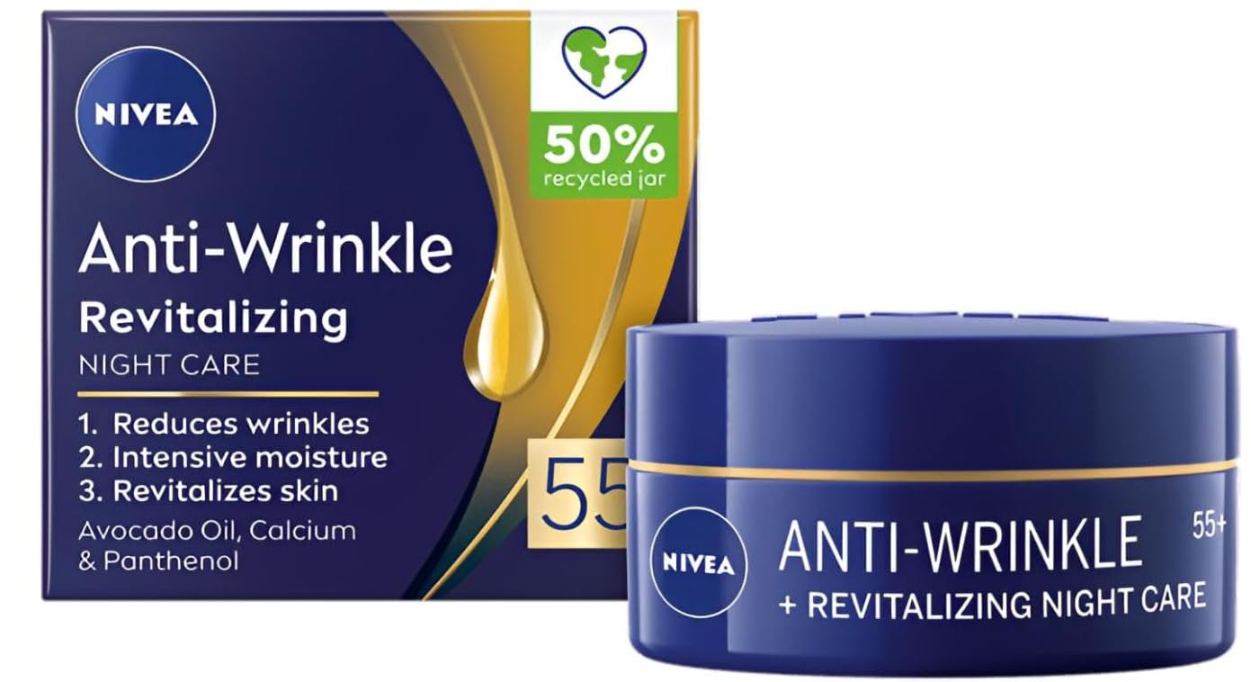 NIVEA Anti-Wrinkle Restorative Night Cream for Mature Skin 55+ with Avocado Oil, Calcium and Panthenol, Deep Overnight Renewal Facial Moisturizer, 50 ml