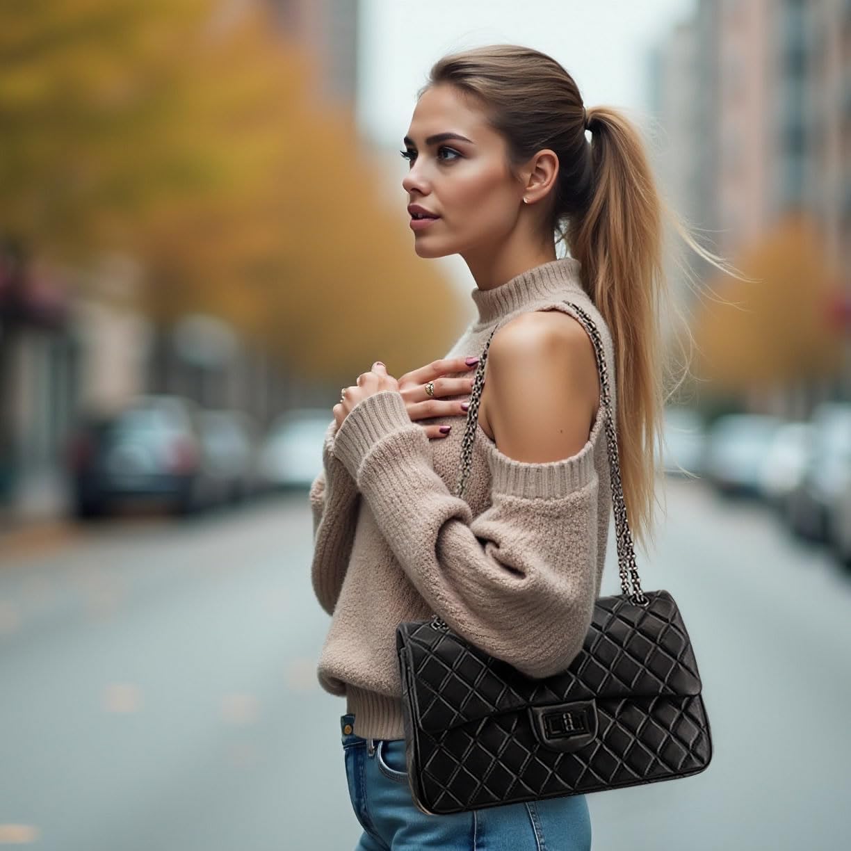 Quilted Leather Crossbody Bags for Women,Soft Lambskin Adjustable Double Chain Strap Shoulder Bag,Designer Flap Purse | Quilted, Leather, Soft, Lambskin, Adjustable, Double Chain Strap - Image 2