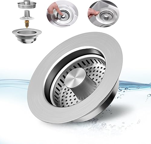 Upgraded 3 in 1 Kitchen Sink Drain Strainer,Anti-Clogging Sink Food Catcher Basket, Stainless Steel Pop-Up Kitchen Sink Stopper for US Standard 3-1/2 inch Kitchen Sink (Silver-1Pack)
