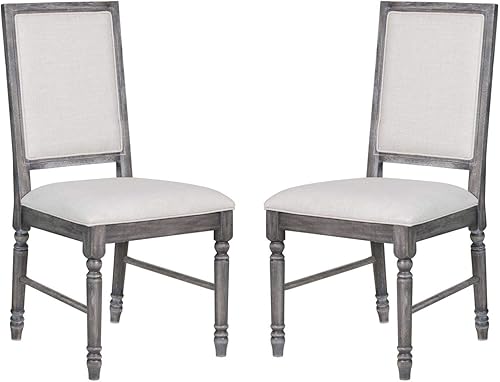 Miniatura 3 de Sillas de transición de 2 piezas de altura de comedor estándar con respaldo alto, asiento y respaldo acolchados de tela, patas torneadas de madera