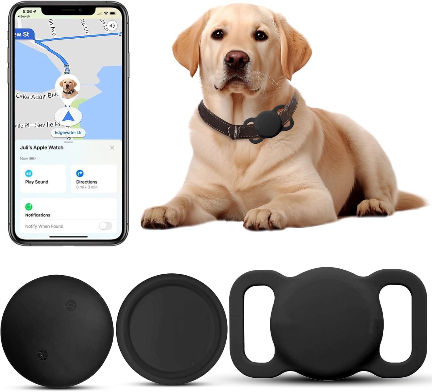 Smart Pet Location Finder, MFi Certified Dog Tracker, No Monthly Fees, Works with Apple Find My (iOS Only), Not GPS Enabled (Black)