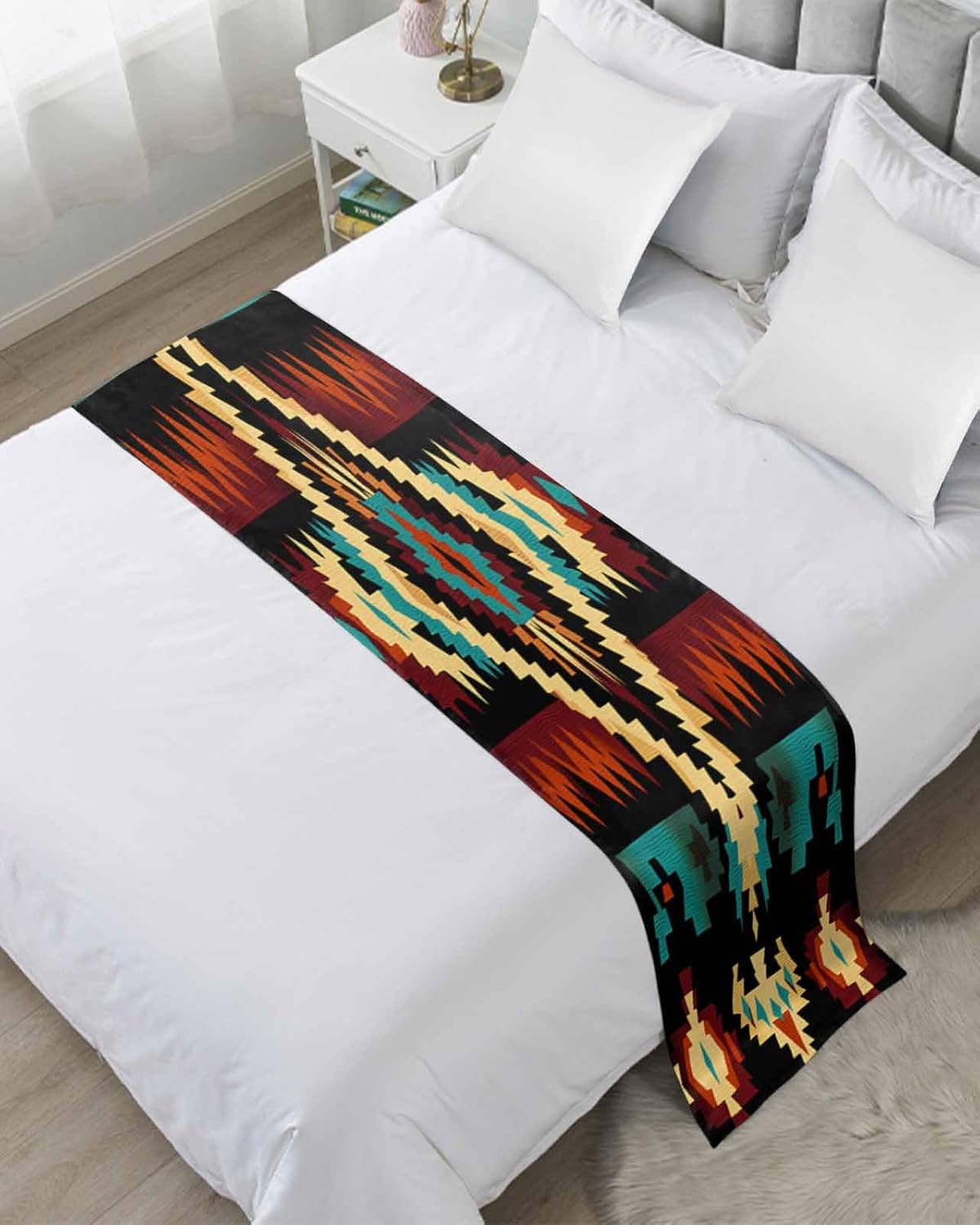 Southwest American Bed Runner for King Size Bed, Retro Mexican Aztec GeometricTribal Bedspread Protector Slipcover Bed Scarf for Foot Bed Runners & Scarves for Bedroom Hotel Wedding Room 102x20 Inches