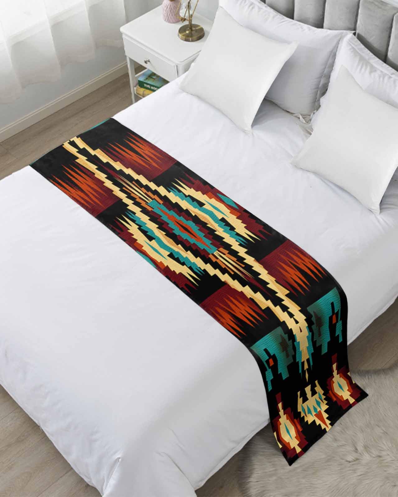 Southwest American Bed Runner for King Size Bed, Retro Mexican Aztec GeometricTribal Bedspread Protector Slipcover Bed Scarf for Foot Bed Runners & Scarves for Bedroom Hotel Wedding Room 102x20 Inches