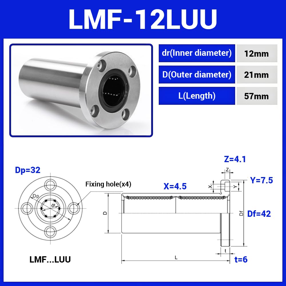 LMF12LUU Lange runde Flansch-Linearkugellager, 12 mm Bohrungsdurchmesser, 21 mm Außendurchmesser, 57 mm Länge mit doppelseitiger Gummidichtung für CNC, 3D-Drucker 4 Stück