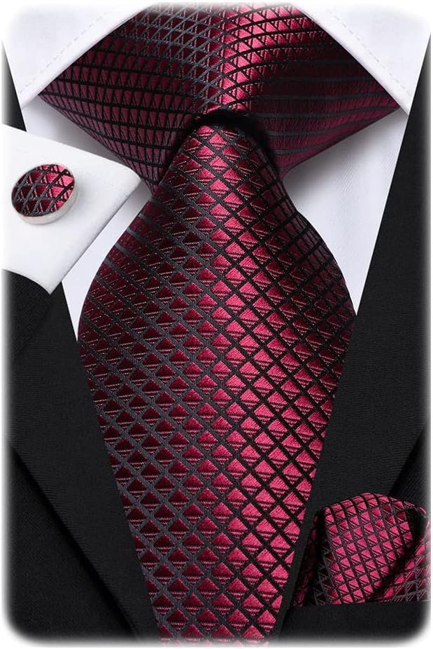 Mens Plaid Ties Classic Paisley Necktie with Handkerchief Cufflinks Set Business Stripe Tie