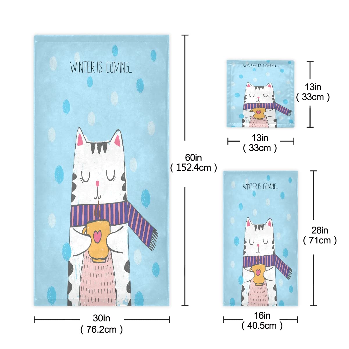 Corazón Azul Gato Lindo Animal Juego de Toallas para Baño Playa 100% Algodón de Piscina Toalla (1 Toalla de Baño y 1 Toalla de Mano y 1 Paño de Lavado) para Nadar Hotel Niñas Niños Niños