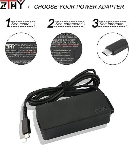 Miniatura 3 de Nuevo cargador USB-C de 65 W de viaje compatible con Lenovo Chromebook 100e 300e 500e C330 S330 ThinkPad T480 T580 E14 E15 L13 L14 L15 P14s p15s T14
