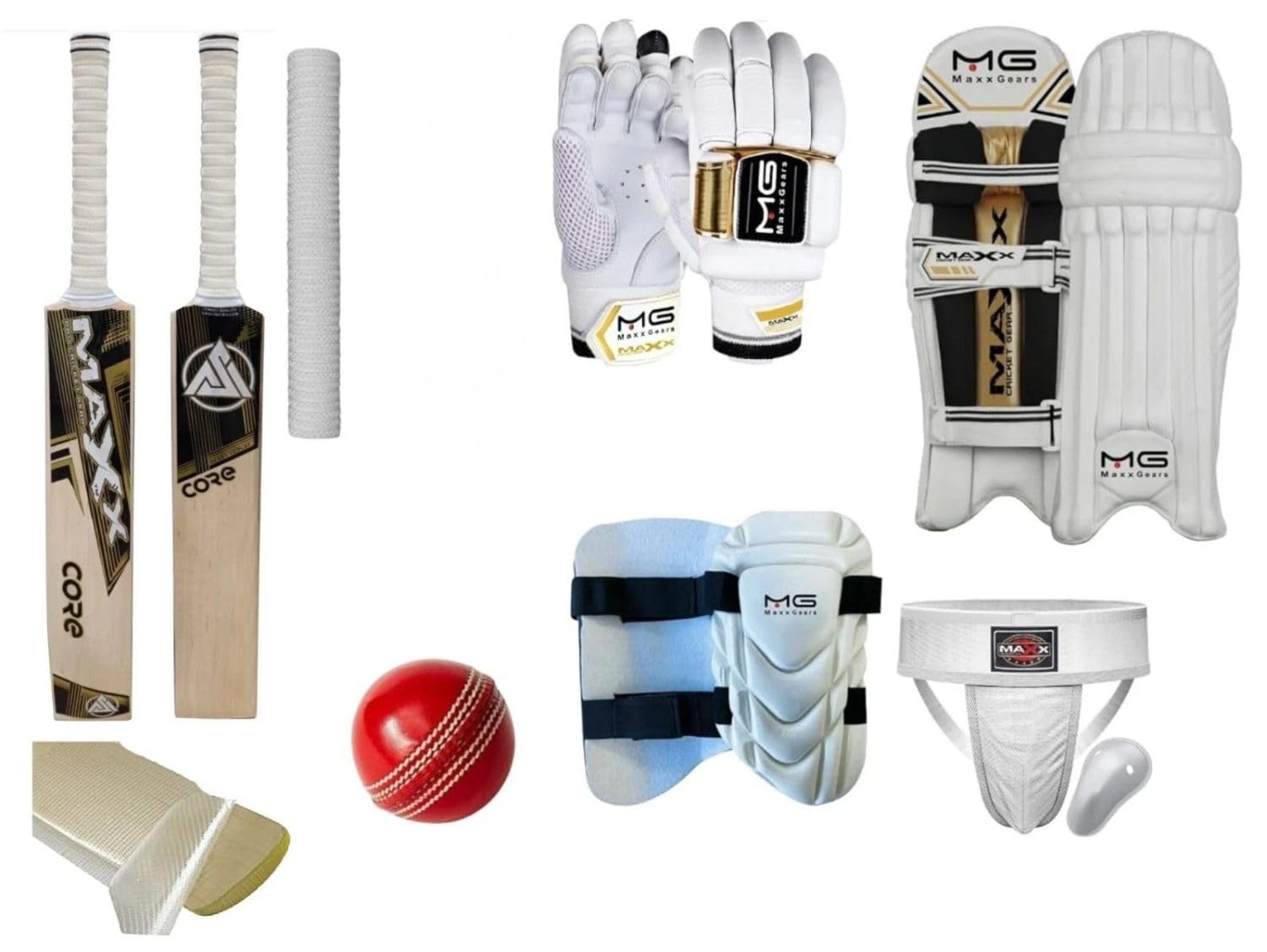 Maxx White Gold Cricket Set (10pc) โ Bat, Leg Pads, Gloves, Ball, Guard, Thigh Pad, Cone & More (Right Hand, 2.12LB SH)