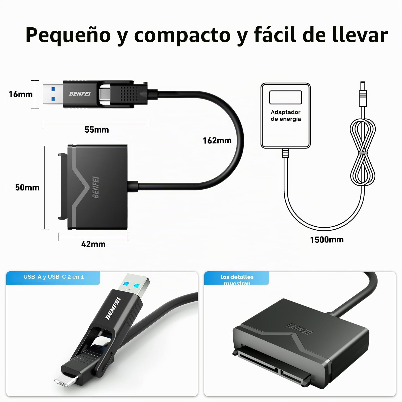 BENFEI Adaptador USB 3.0 a SATA, 2 en 1 USB C/USB 3.0 a SATA III, adaptador de disco duro para disco duro HDD/SSD de 2,5 pulgadas / 3,5 pulgadas y unidad óptica SATA con adaptador de red de 12 V/2 A