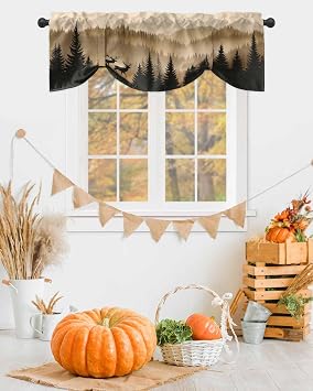 Tie Up Valance Curtain for Kitchen,Retro Tree Antlers Forest Mountain Rod Pocket Short Curtains Adjustable Tie-Up Shade Valances,Sky Landscape Window Treatment for Bathroom Living Room Bedroom