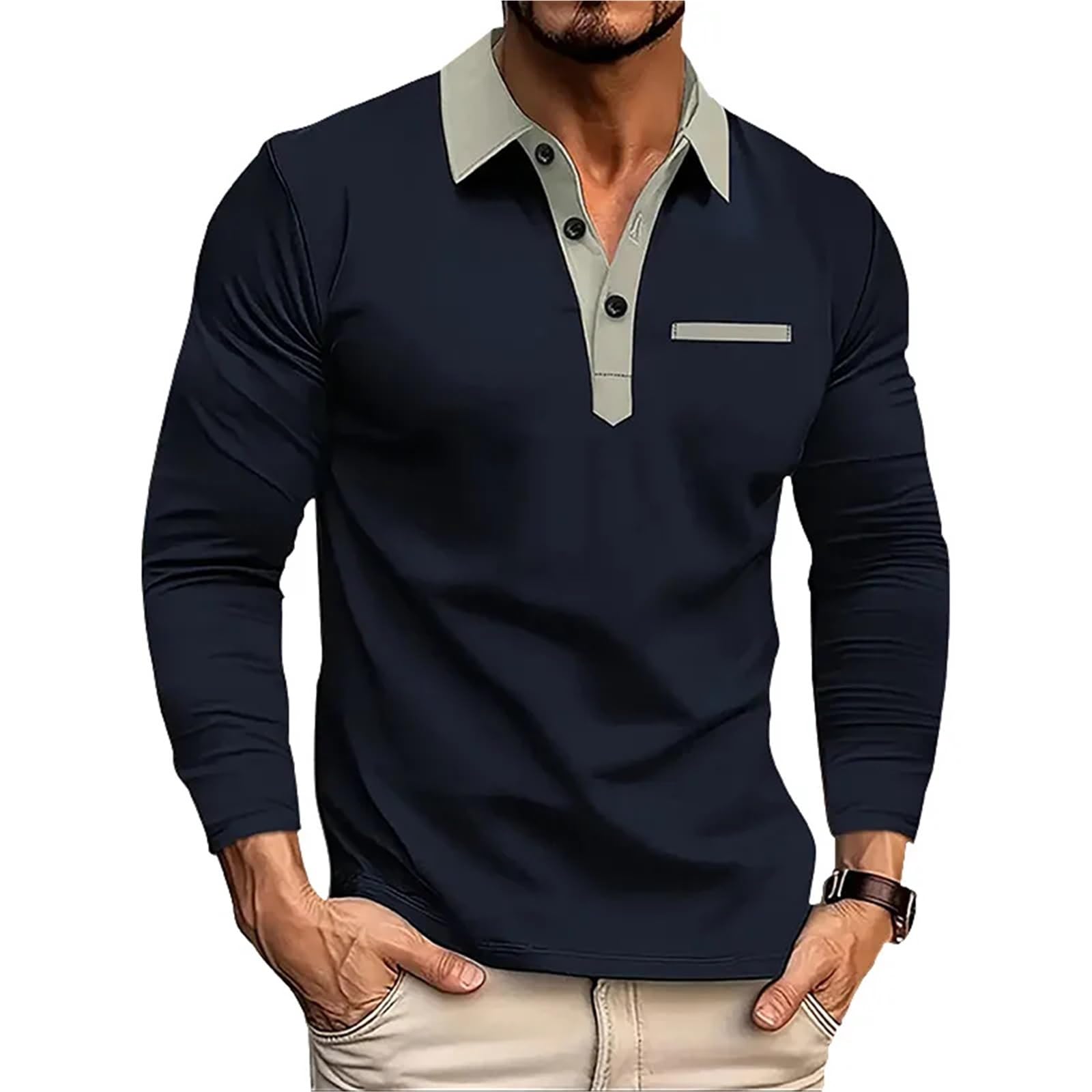 Polo da Uomo a Maniche Lunghe, Casual, Lavoro, alla Moda, Classica, con Risvolto, Taglie Forti, Primavera e Autunno per Golf Tennis
