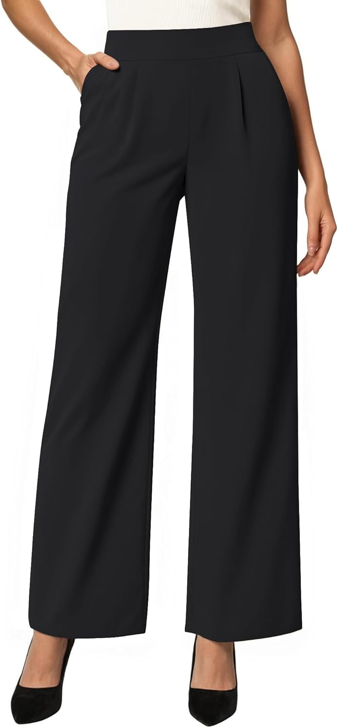 SEMARO Womens Wide Leg Dress Pants Crossover High Waist Stretch Casual Work Slacks Trousers with Zipper Pocket