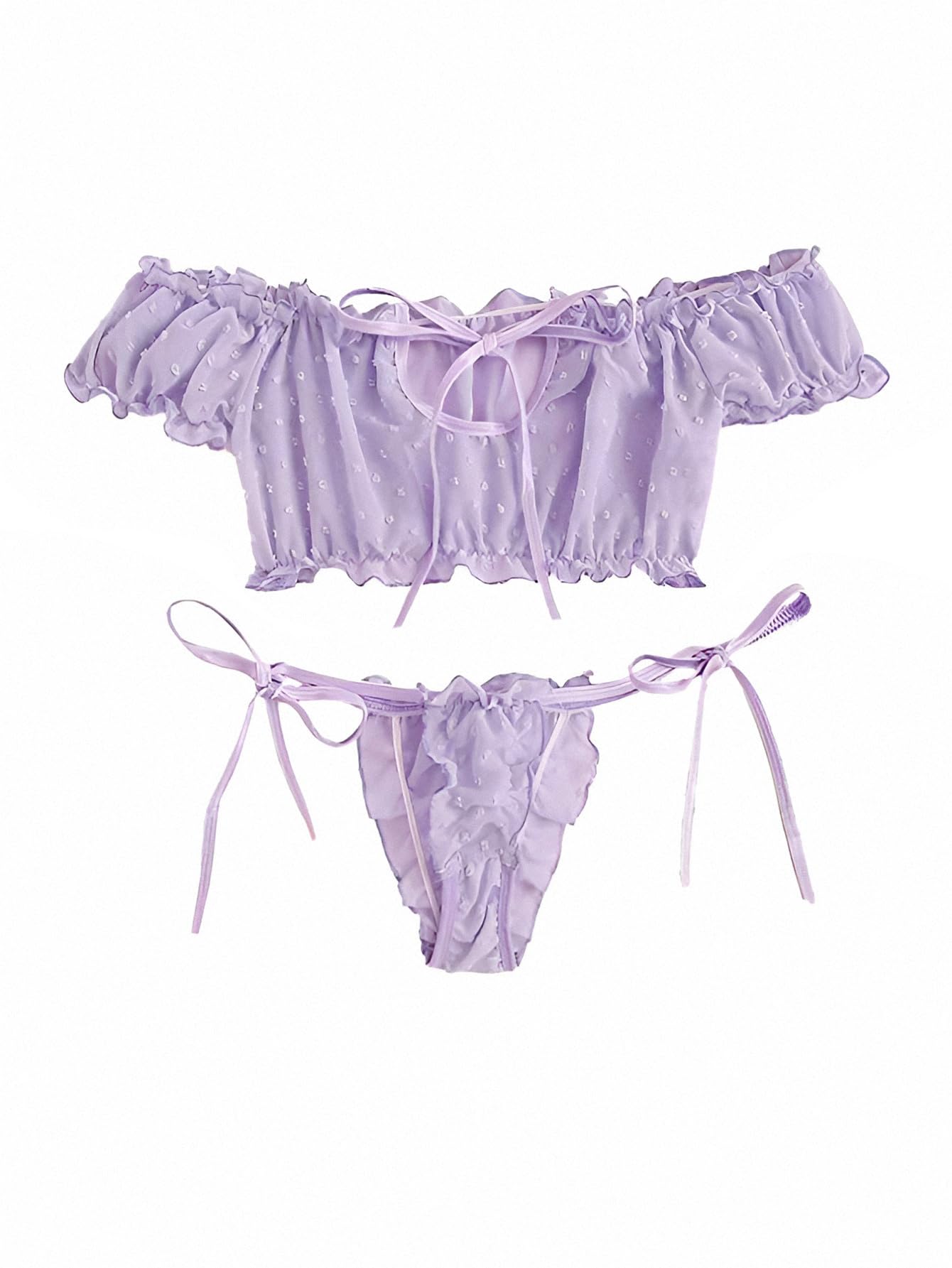 Lilosy Sexy Stretch Ruffle Tie Sheer Mesh Lingerie Set Outfits: Large Chiffon Lavender Purple