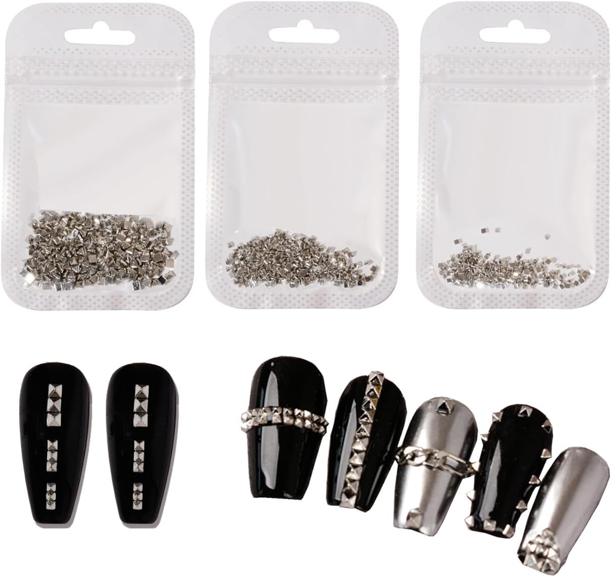 3 Packs Punk Rivets Nail Studs - 3 Sizes, Silver Flatback Spike Studs for DIY Manicure Tips, Craft & Nail Art