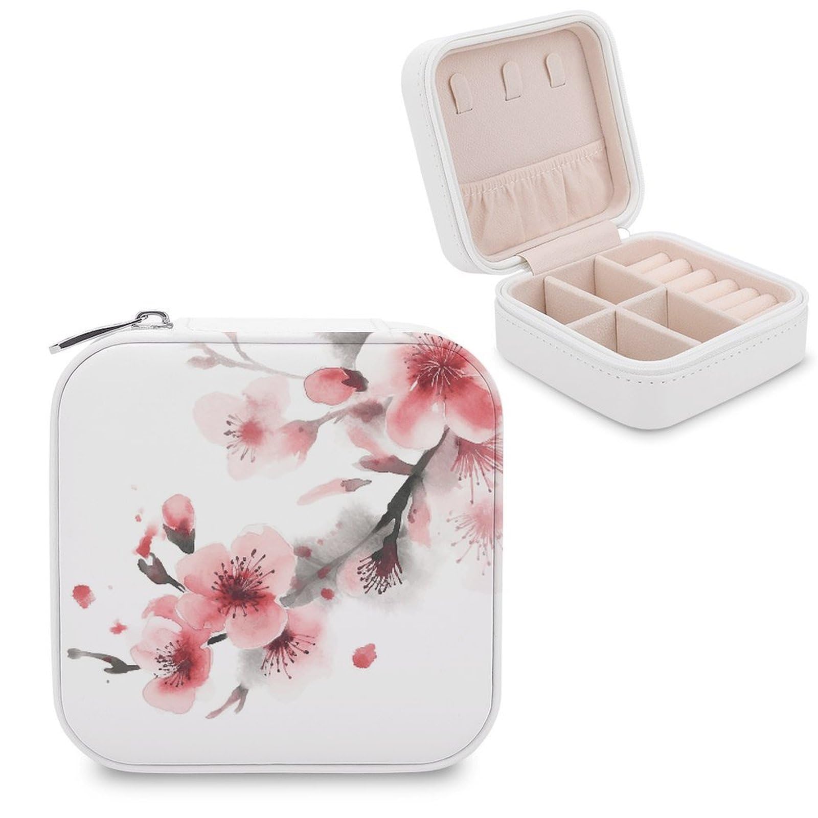 JTREHY Travel Asian Watercolor Pink Cherry Florals Jewelry Case Portable Display Storage Box PU Leather Mini Jewelry Travel Case Personalized Travel Jewelry Organizer Small Jewelry Box for Women
