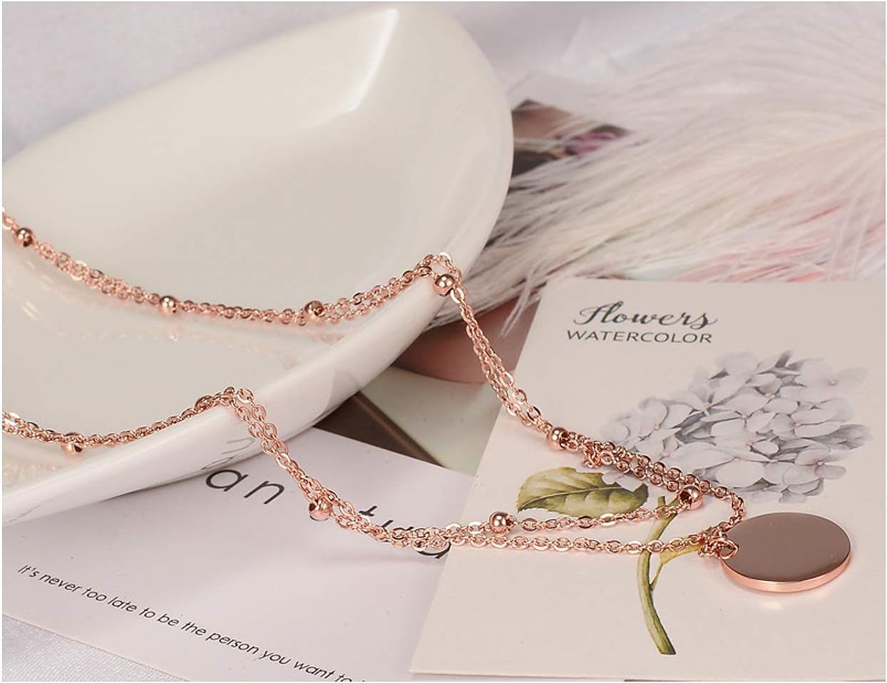 Rose Gold Layered Necklace for Women - Beads Choker Necklace Stackable Necklace - Image 4