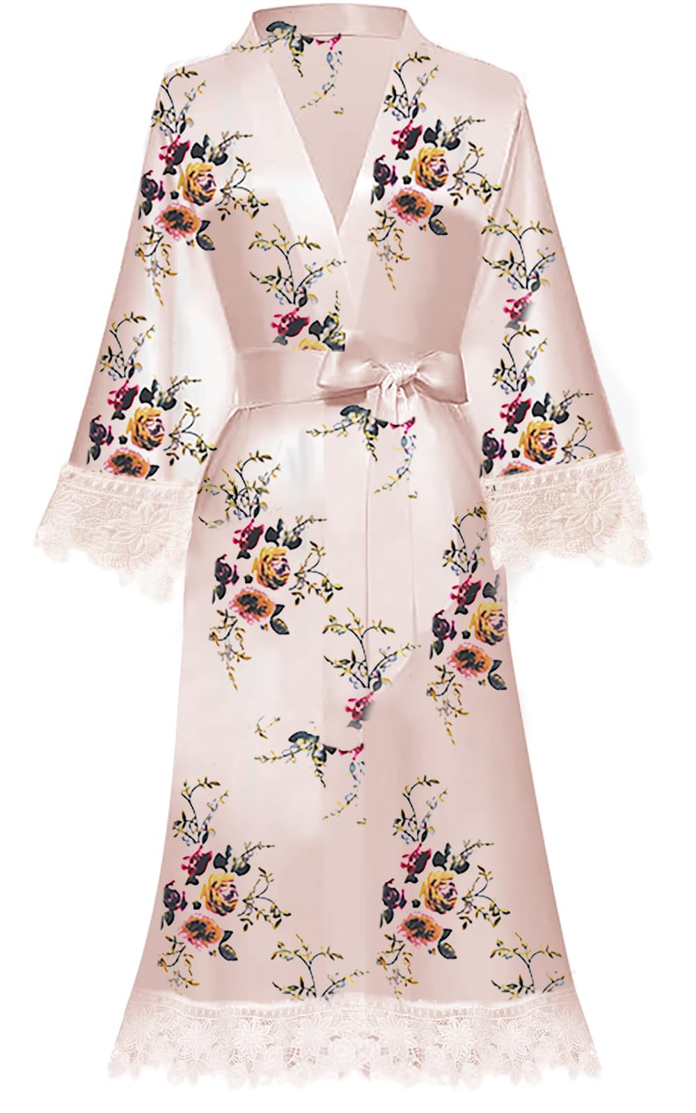 Y Wjing Yi Jia Women's Blush-B Floral Robes - Kimono Robe & Dressing Gown In Silk & Satin - Bridal & Nightdress Style With Lace Trim & Blossoms