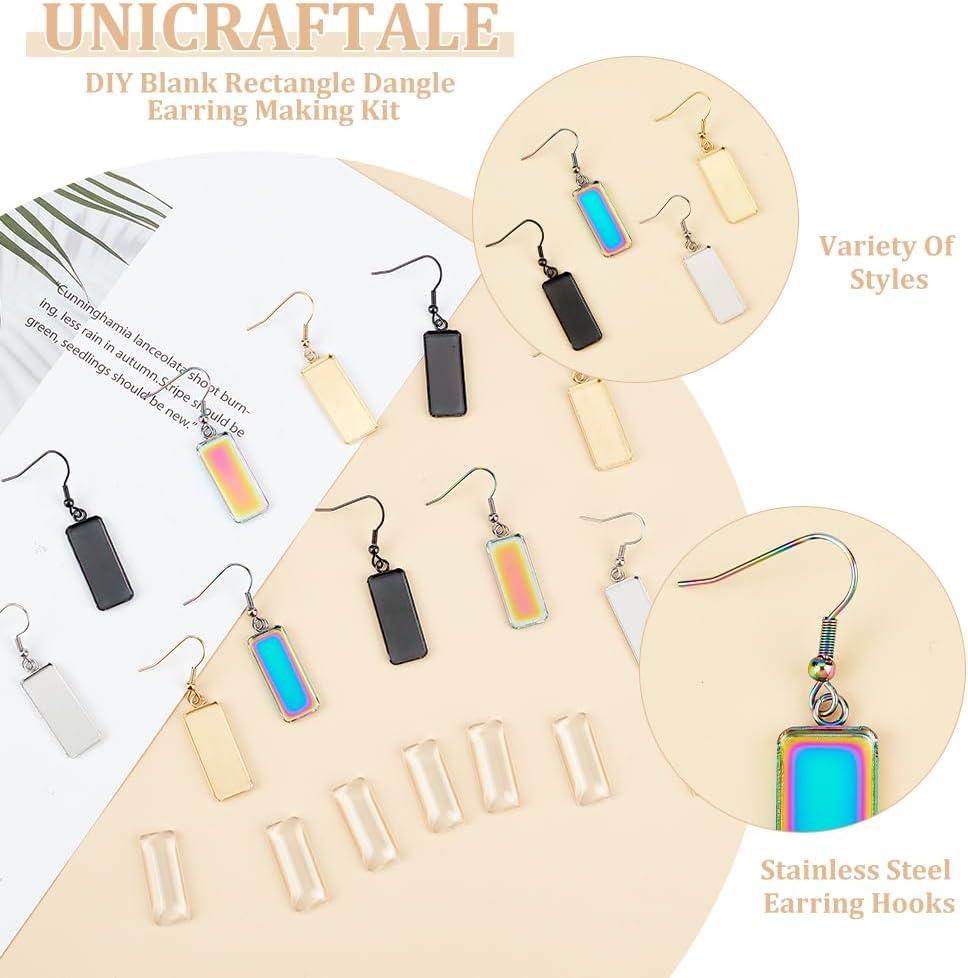 UNICRAFTALE 24 Sets Earring Hooks with Pendant Trays DIY Blank 4 ColorsRectangle Dangle Earring Making Kit Stainless Steel Earring Settings Rectangle Glass Cabochons for Earring Jewelry Making