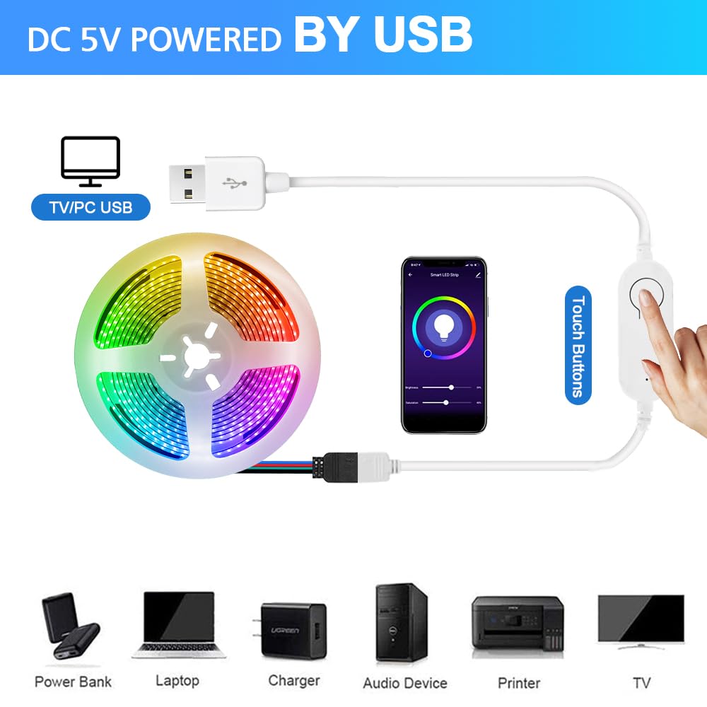 KISUFU Tira de LED COB USB RGB 5V, WiFi Tira de luces LED 180 LEDs/M Super Brillante USB Strip Light para decoraciones de fiestas Hogar DIY.