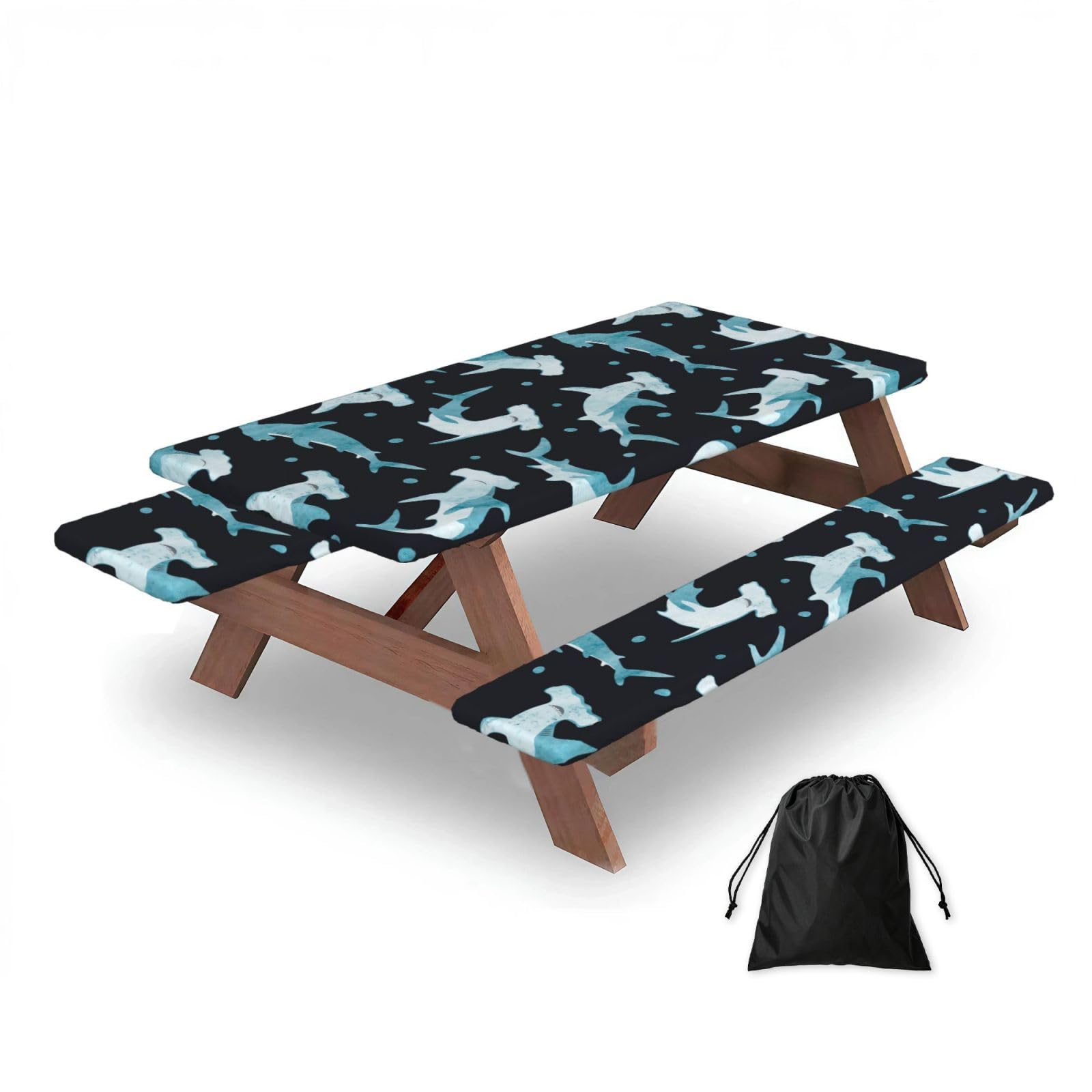 Dopklna As Picture Watercolor Hammerhead Shark, Picnic Table Cover With Bench Covers -Waterproof Elastic Fitted Tablecloth For Garden Camping Patio 76X152cm
