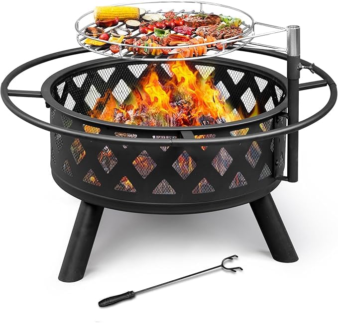 Fire Pit for Outside, 30 Inch Large Outdoor Wood Burning Fire Pits, Patio Backyard Firepit with Steel BBQ Grill Cooking Grate, Spark Screen & Poker for Garden, Bonfire, Camping, Picnic, sigadi,-picture-29