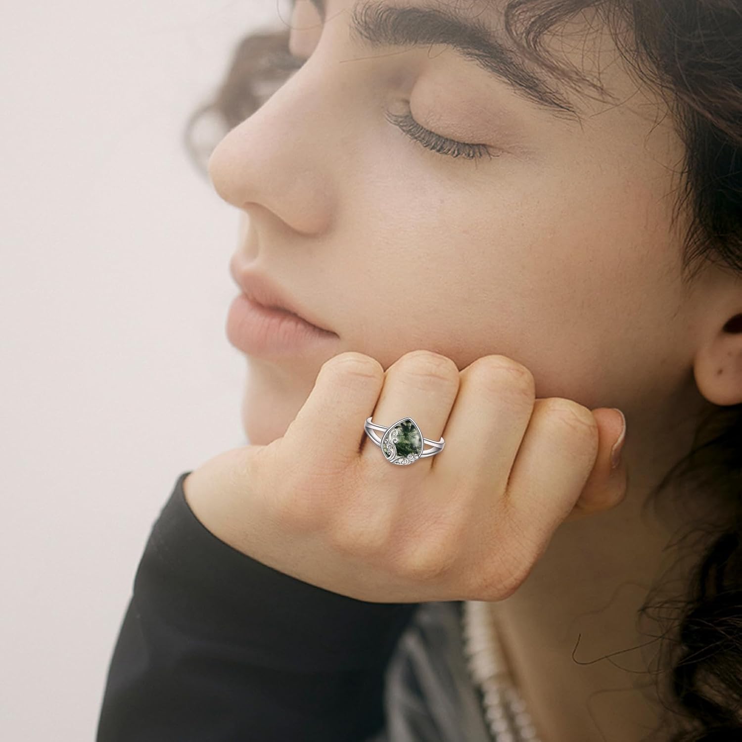 POPLYKE Moss Agate Filigree Band Ring Sterling Silver Gemstone Stones Jewelry Gift for Women 7 Size - Image 3