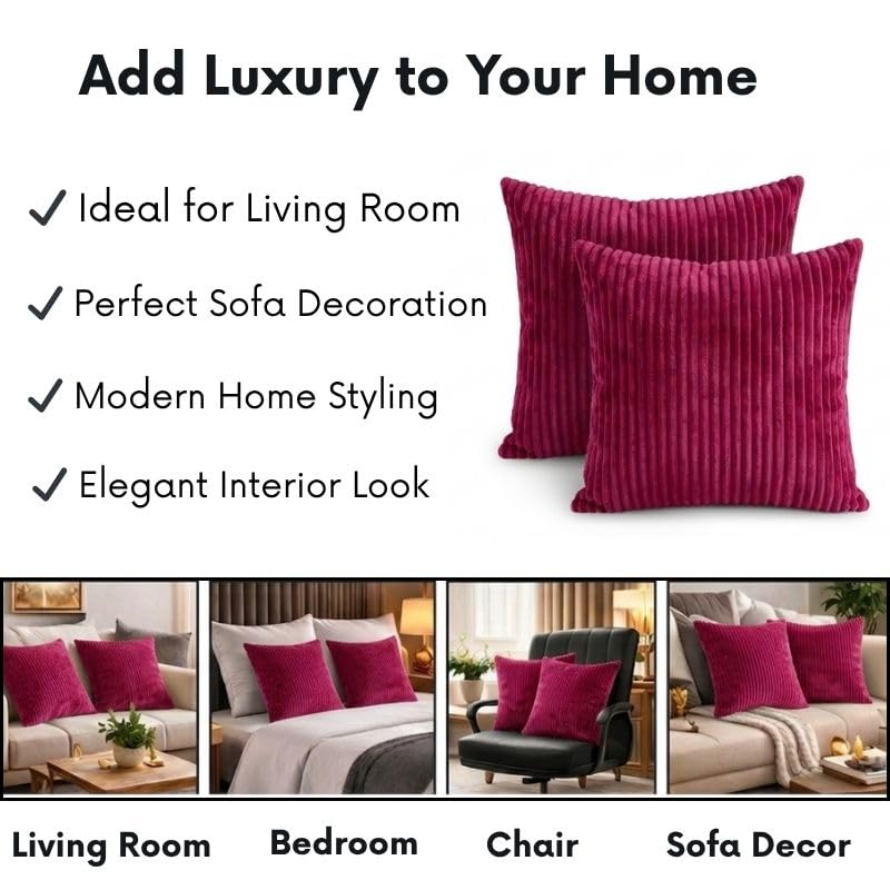 Image of RD TREND Cushion Cover Set of 2, Decorative Sofa Living Room Home Square Cushion Covers 24 Inch x 24 Inch, Aesthetic Corduroy Striped Double Sided (Magenta)