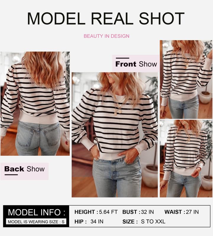 Dokotoo Women's Striped Sweaters Puff Long Sleeve Crewneck Ribbed Knit Pullover Jumper Tops4