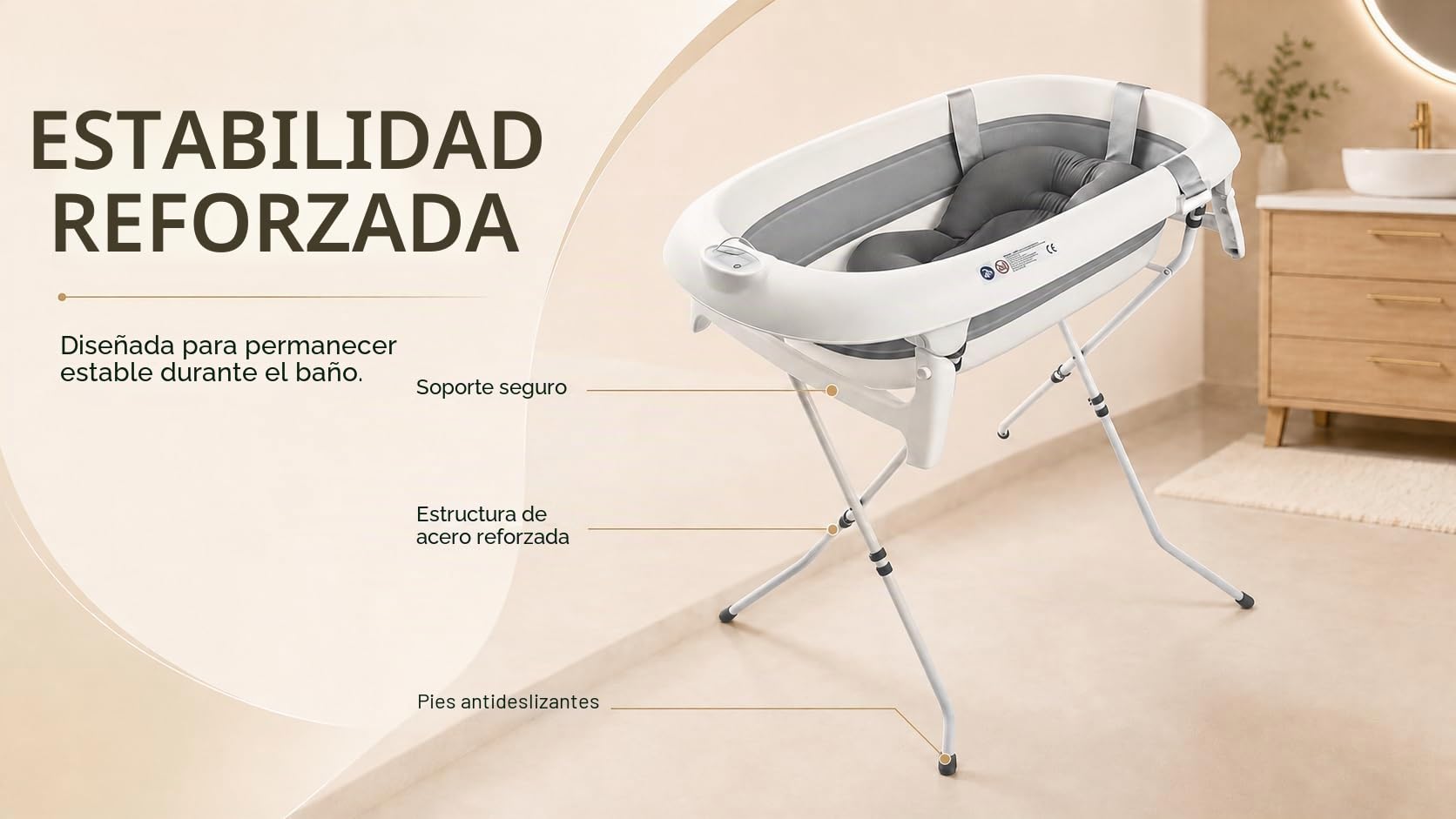 Bañera plegable para bebé con soporte de acero, termómetro integrado, cojín ergonómico y manguera de drenaje - Baby Dolphin - Compacto y transportable 0-3 años, gris