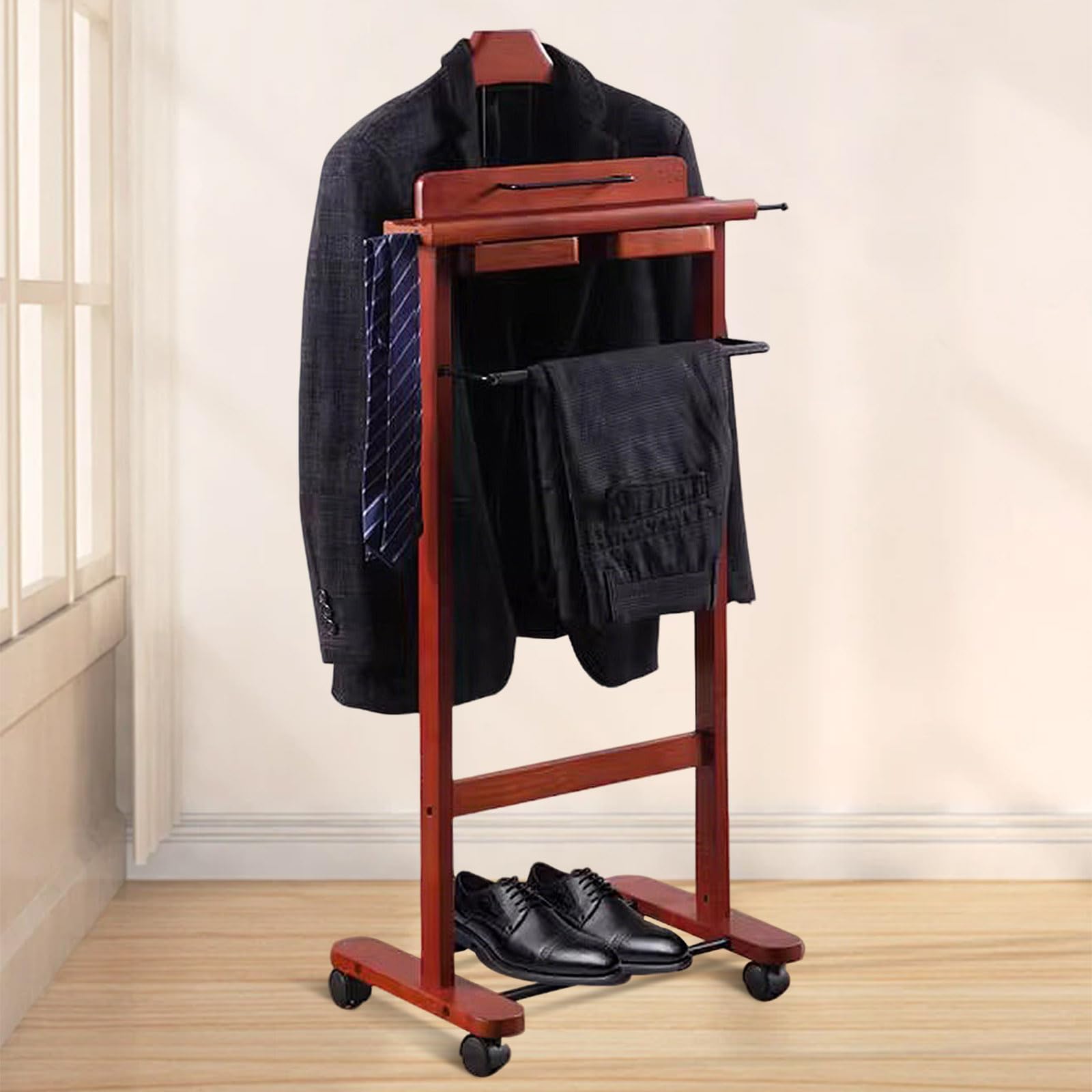 259138 Support de valet autonome en bois massif avec porte-pantalons et porte-cravate, solution de rangement élégante pour chambre à coucher/bureau, parfait pour les accessoires pour hommes, 259138