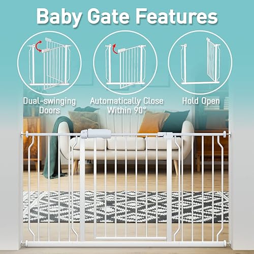 Miniatura 16 de WAOWAO Puerta de seguridad para bebés 52.76-62.2" extra ancha con montaje a presión, con apertura de vaivén, cierre automático, de metal negro