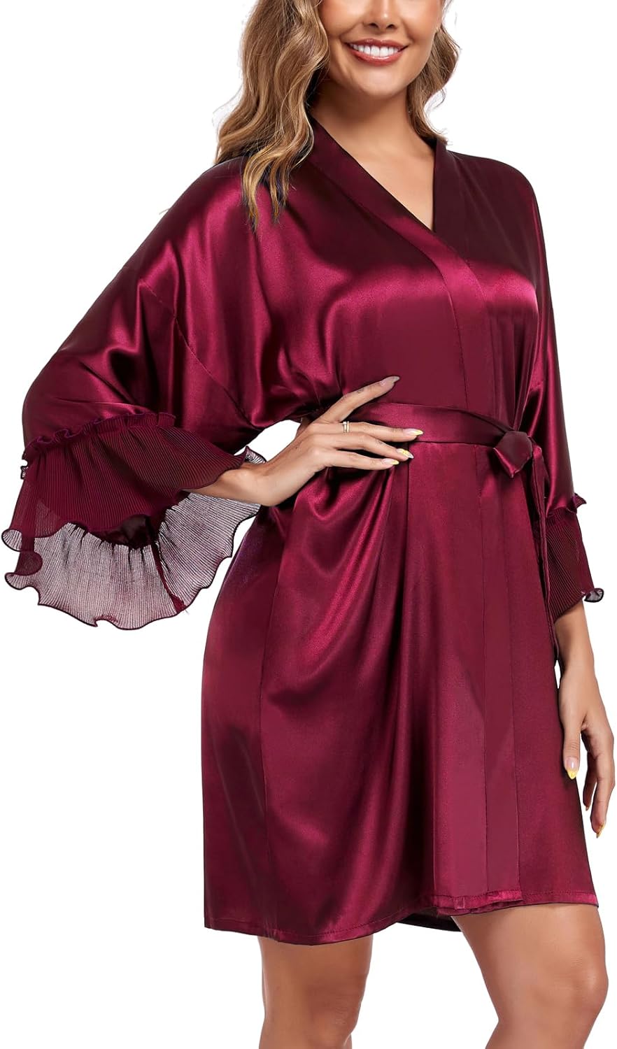 Women's Short Satin Robes Lightweight Kimono Bathrobe Ruffle Hem Bride Bridesmaids Wedding Party Sleepwear - Image 5