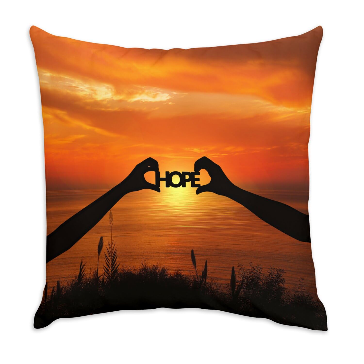 Coussin en velours blanc haut de gamme de 40 x 40 cm au motif silhouette et soleil couchant