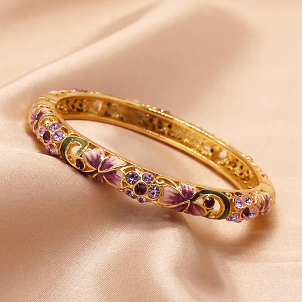 URED Elegant Narrow Colorful Cloisonne Enamel Bracelet Bangle for Women Handcraft Hollowed Flower Design Luxury Rhinestone Cloisonne Bangle Bracelet Wedding Birthday Gift