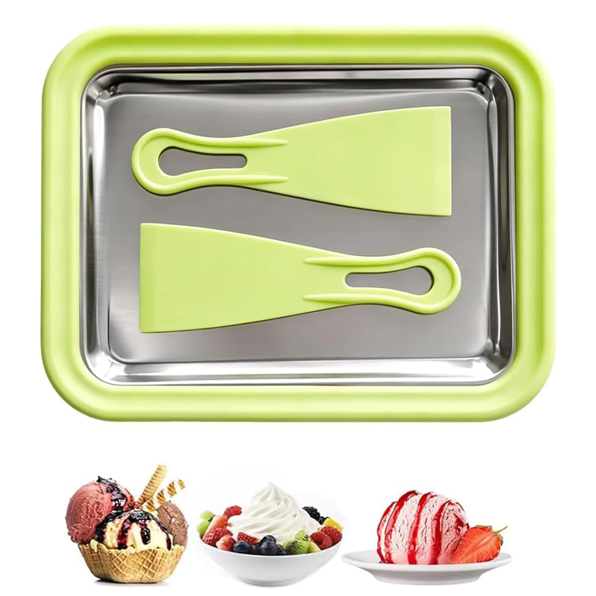 Ice Cream Roll Maker, Ice Rolls Plate with 2 Spatulas Ices Cream Roller Maker Pan DIY Ices Creams Roller Pan Yogurt Roll Machine Home Dessert Making Tools for Sorbet, Yogurt, Gelato (Green)