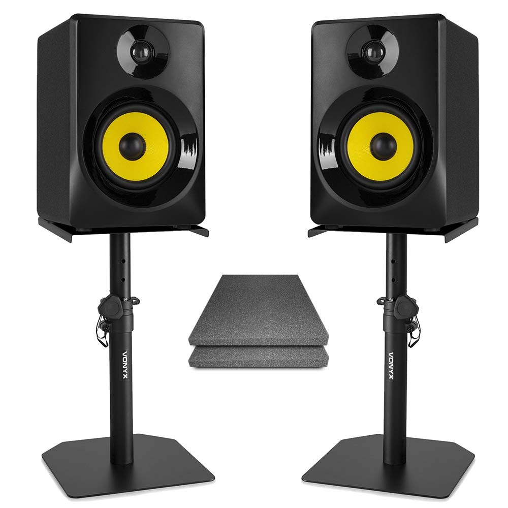 VONYX SMN50B Active Studio Monitors Pair 5-inch 140W Home Studio Monitor Speakers Set with Adjustable Desktop Stands & Acoustic Isolation Foam Pads for Recording Mixing DJ Production