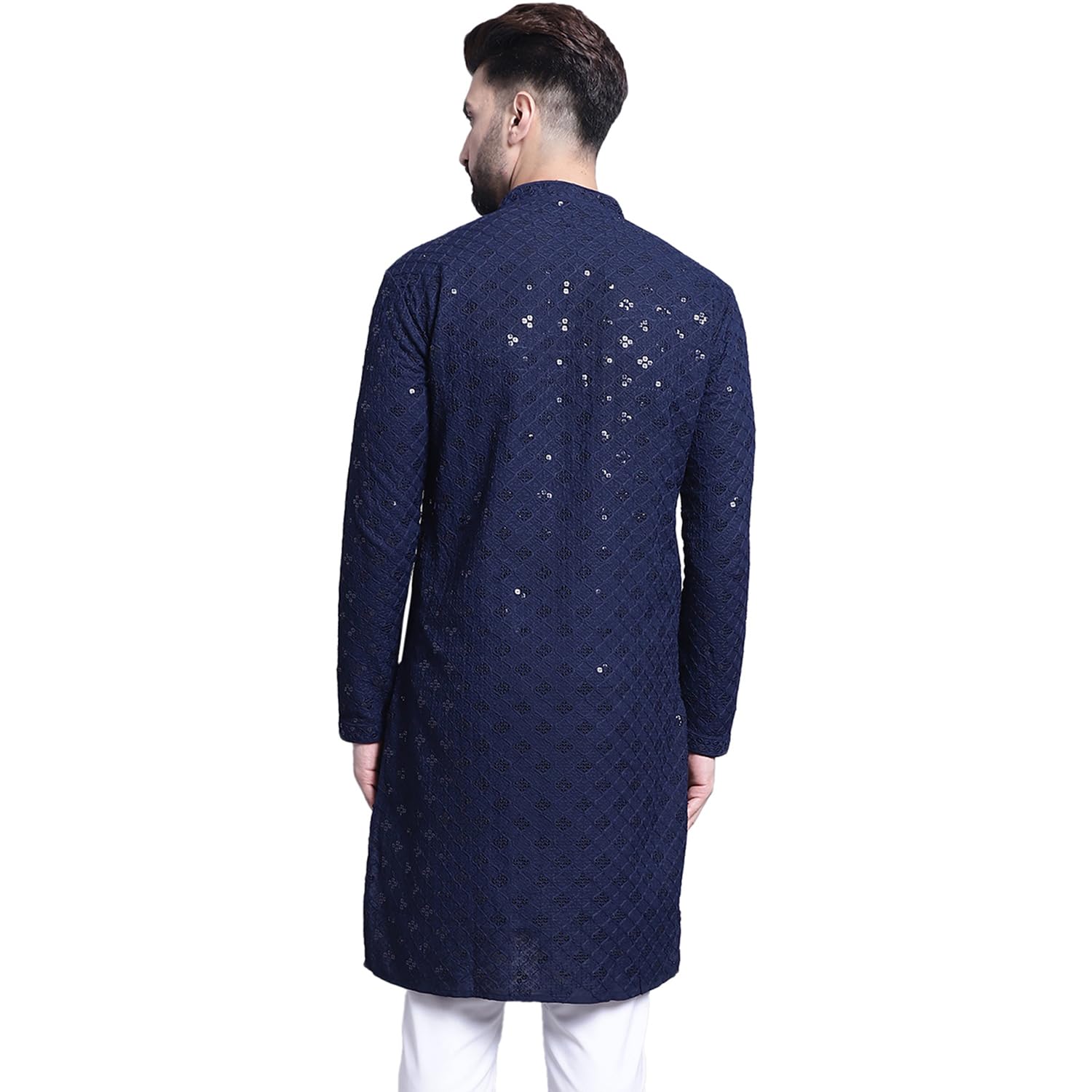 Sojanya (Since 1958 Men's Pure Cotton Navy Blue Embroidered 4Booti Sequence Kurta