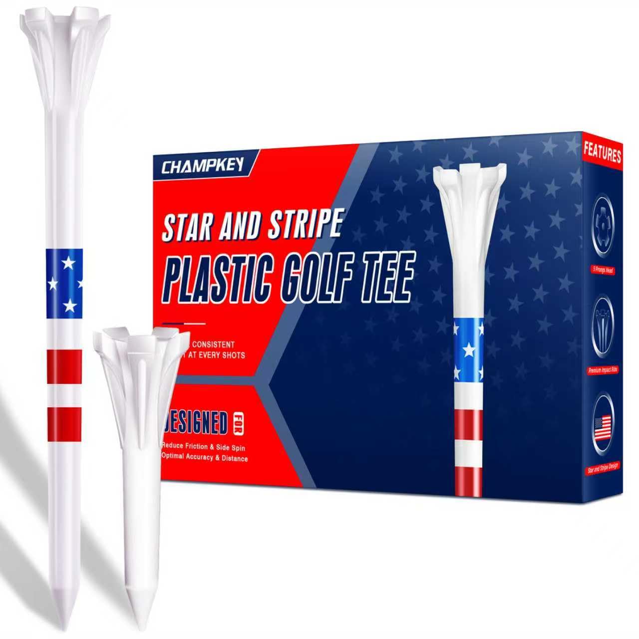 CHAMPKEY 5-Prong Plastic Golf Tees 120 Pack - Star and Stripe Marking System Golf Plastic Tees - Includes 100 Pcs 3-1/4" and 20 Pcs 1-1/2" Plastic GLF Tees