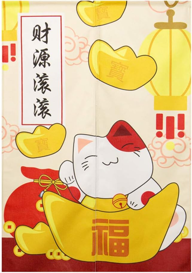 Door Curtain Japanese Noren Curtain Cotton Linen Handcrafted Blackout Doorway Curtain Panel Chinese Characters Lucky and Fortune Cat 29" x 59"