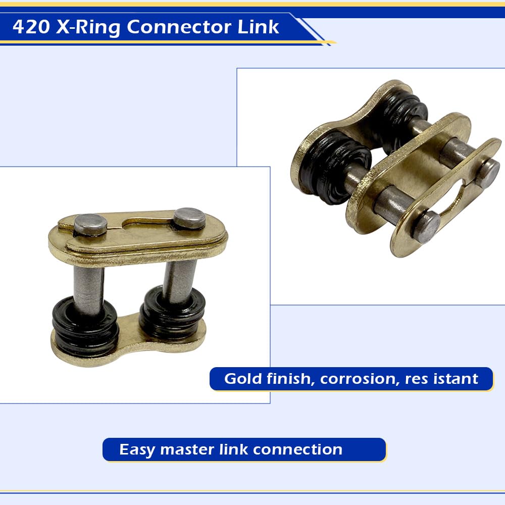 420 Chain 140 Links with Connecting Master Link X-Ring Gold for 50 70 90 110 125cc SSR TaoTao Apollo Baja 212cc Go Kart Scooter Mini Bike Powersports Parts ATV 4 Wheeler Quad Pit Dirt Bike