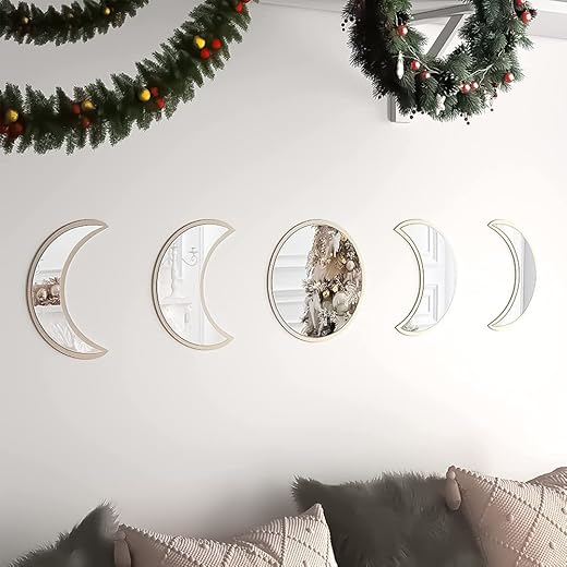 Slthe 5 Piece Moon Phase Mirror Set, Scandinavian Natural Decor Wall Decorative Mirror Home Decor Bohemian Moon Mirror for Living Room Bedroom, Acrylic Mirror, Not Real Mirror(Beige)