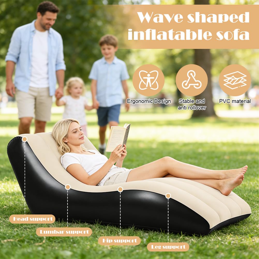 Sofá hinchable con superficie flocada, 155 x 86 cm, incluye bomba de aire, sofá hinchable portátil y cómodo para salón, camping, jardín, playa, patio trasero