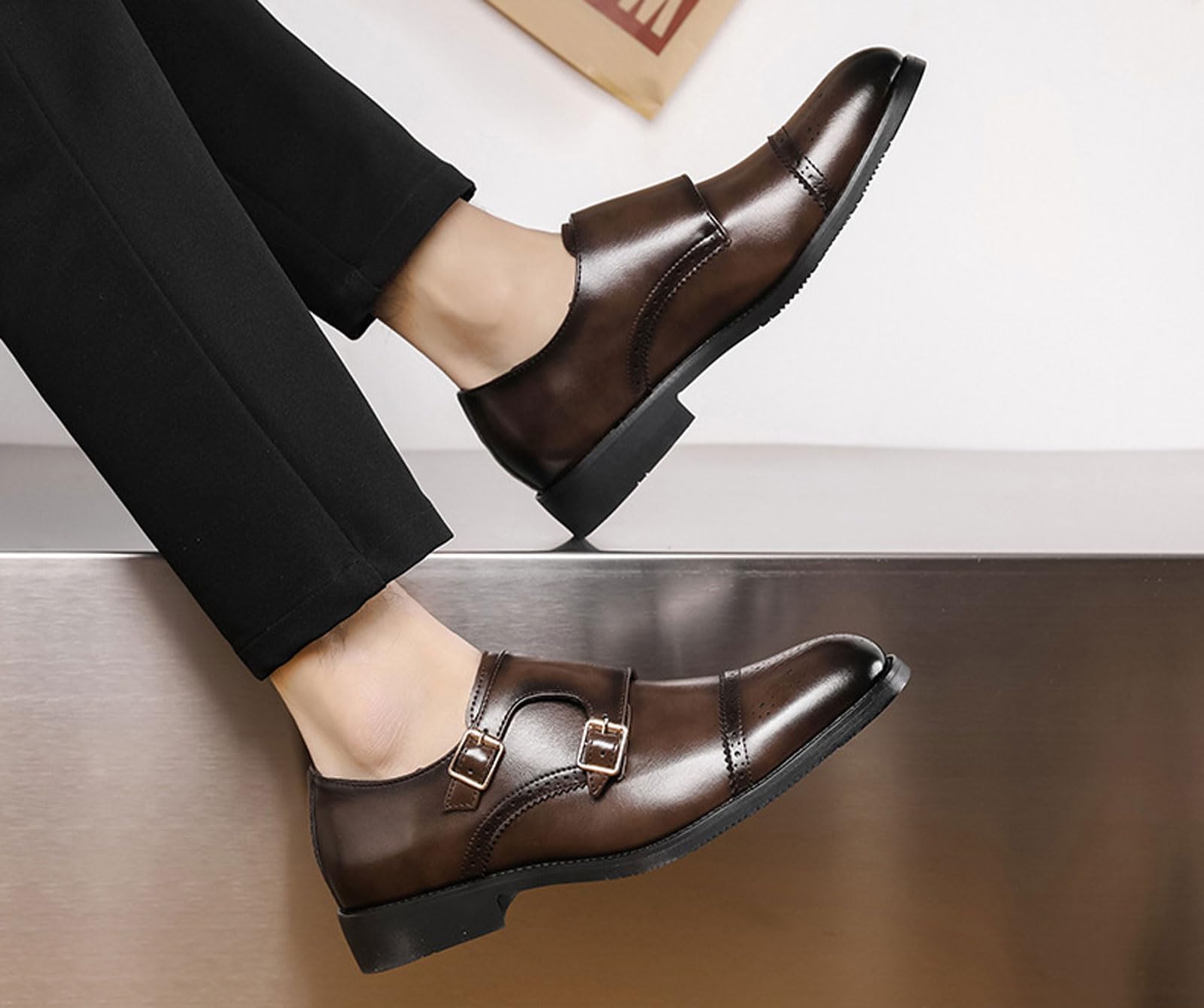 Scarpe Uomo Monk Doppia Fibbia Brogue, Scarpe Eleganti Punta Forata per Ufficio Matrimonio Abito