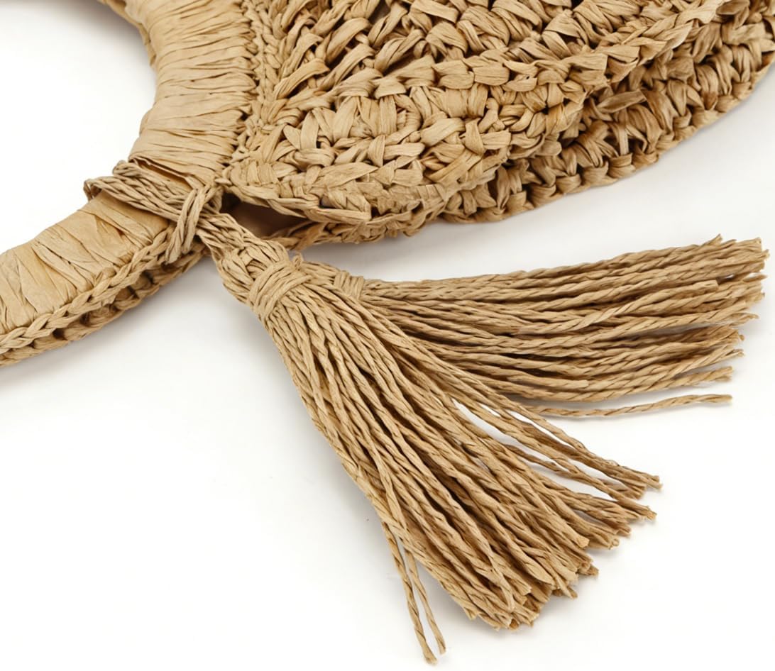 Round Paper Straw Tote Bag for Women Handwoven Purses with Tassel Beach Bag Summer Vacation