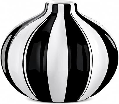 Torre & Tagus Abstract Glossy Black and White Striped Ceramic Vase | High-Gloss Stripes With Raised Edges Give This Black And White Ceramic Vase Sculptural Dimension